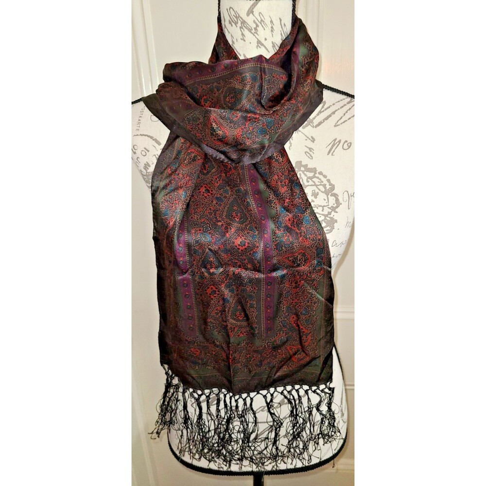 Vtg Lauren Ralph Lauren brown green red purple paisley silk scarf w fringe